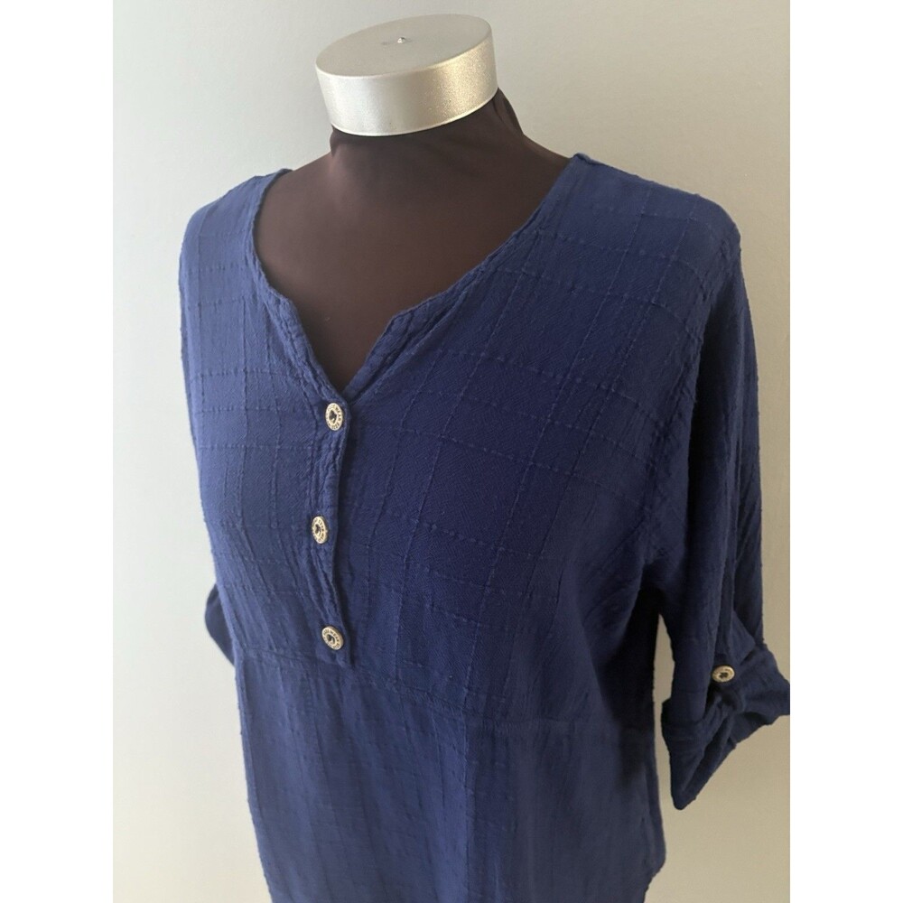 Ezze Wear Textured Top Size Large Blue Gauze Lagenlook Relaxed Roll Tab Sleeves